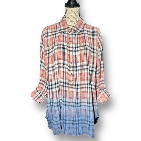 Vintage America Blues XL Plaid Fade Roll Tab Sleeves Back Lace Top Boho Western - Picture 1 of 9
